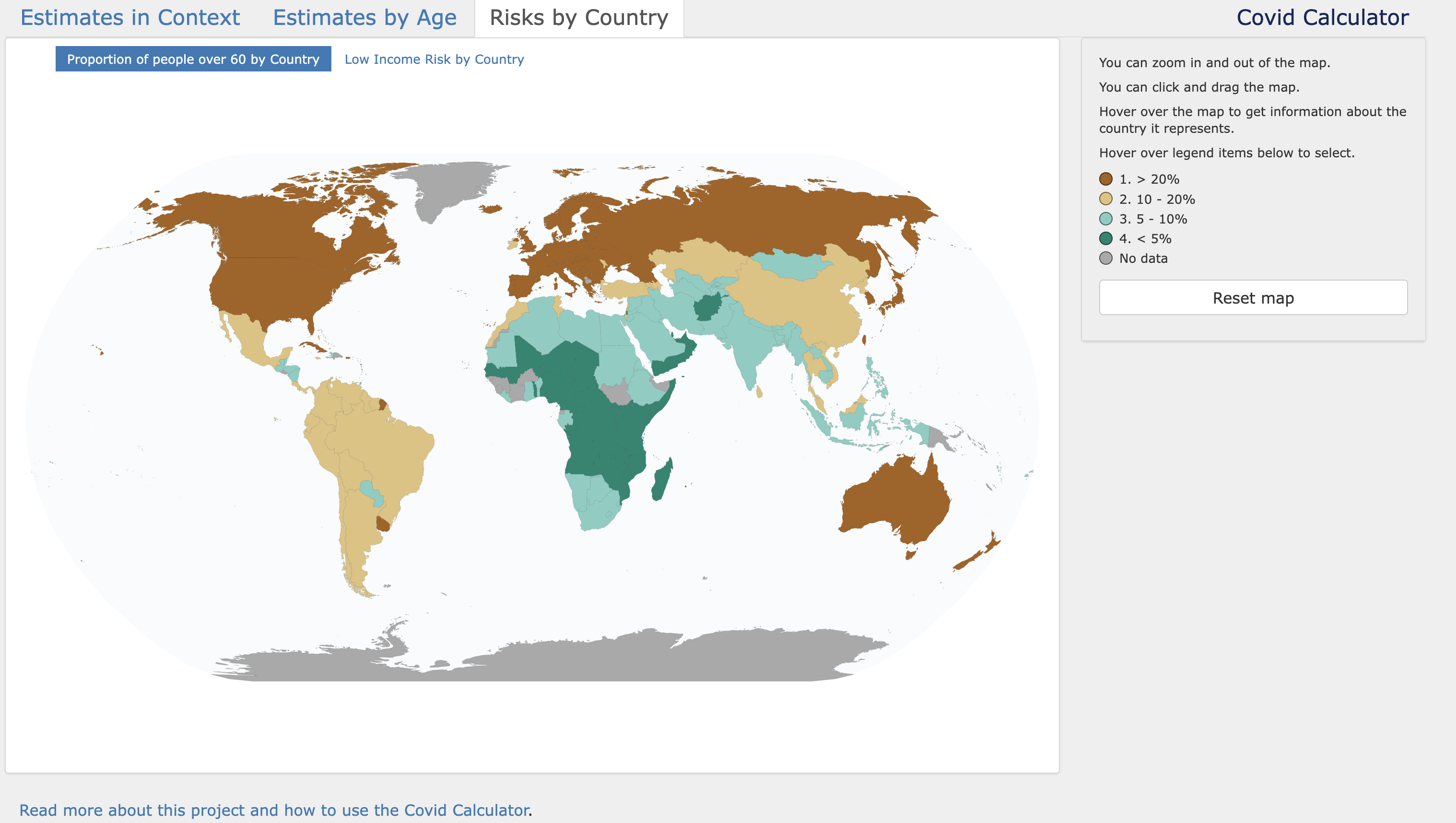 Covid Calculator showing a world map of country-level risk estimates